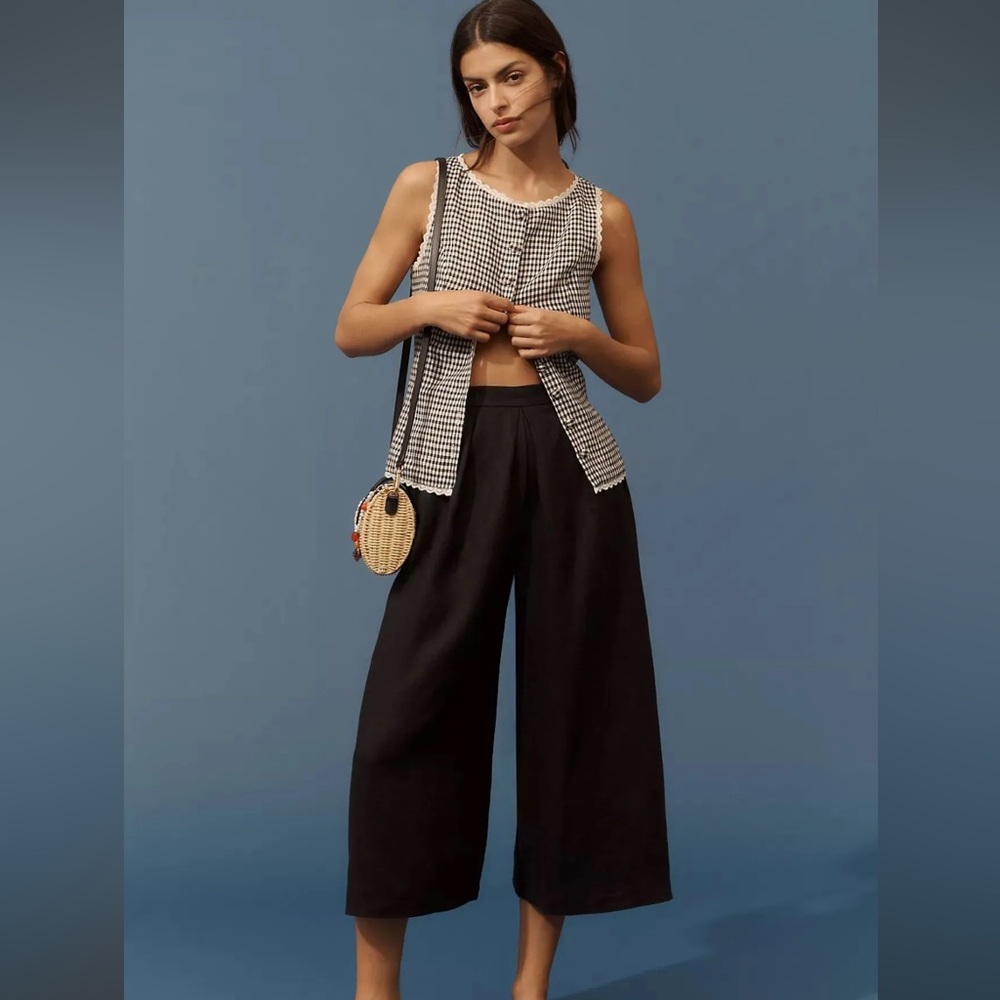 Anthropologie Linen Pleated Culotte Trousers in Black